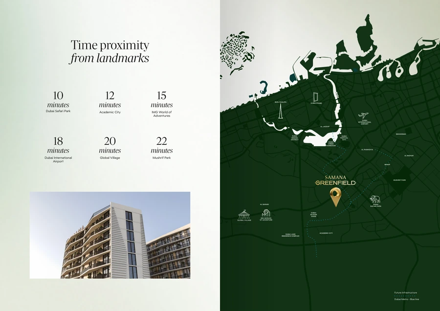 Greenfield by Samana location map with travel times to Dubai landmarks