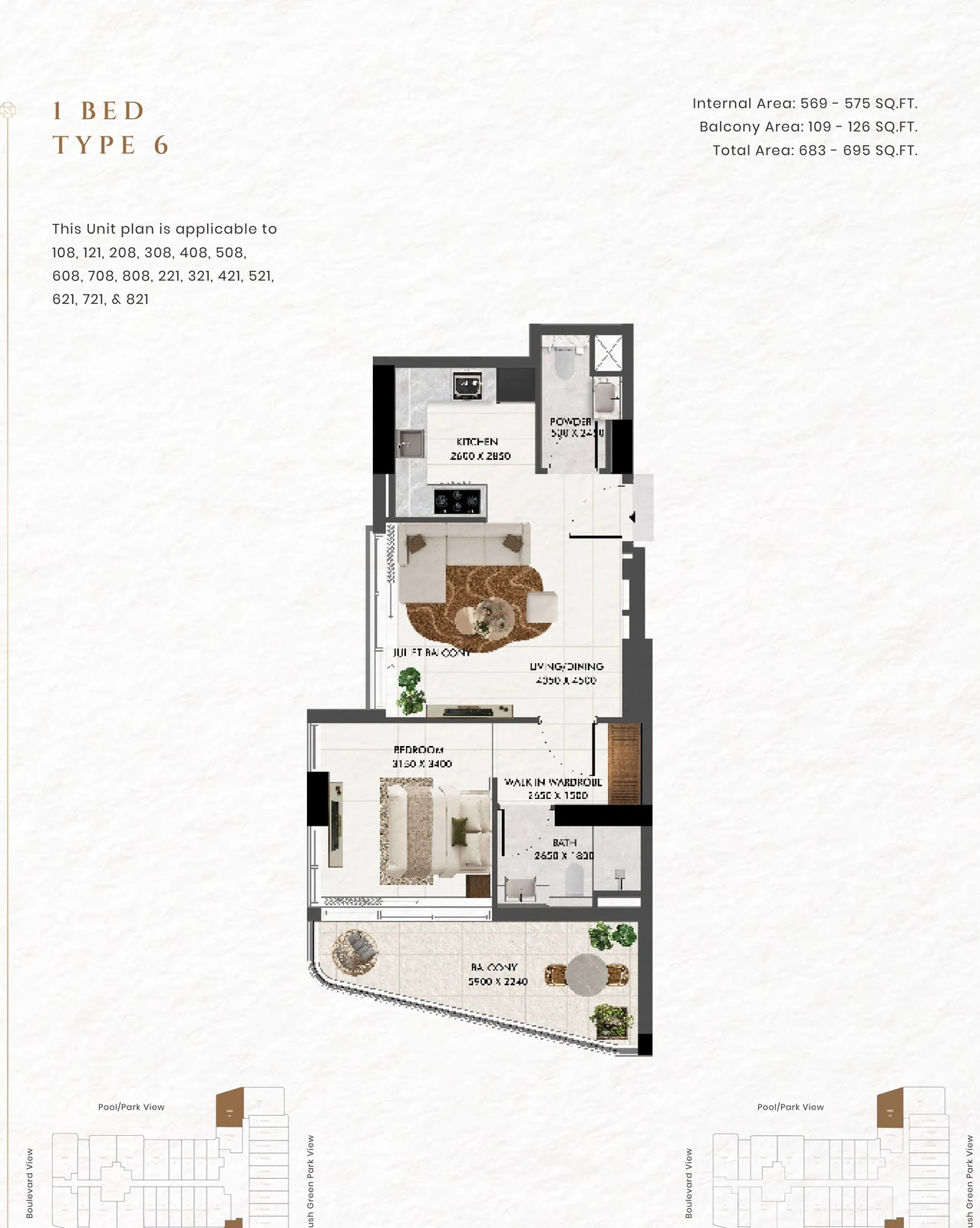 Floor plan for 1 Bedroom Type 6