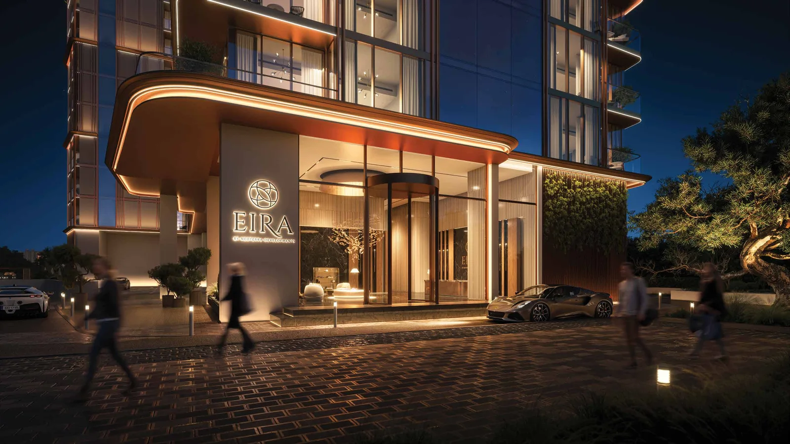 Main entrance and arrival canopy at Eira Residence.