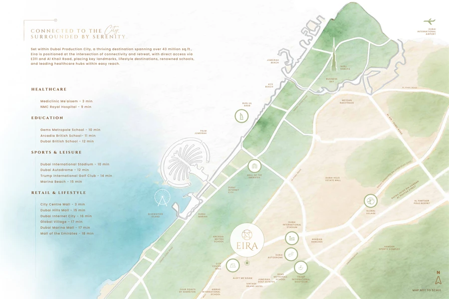 Location map for Eira Residence showing nearby destinations and approximate drive times from Dubai Production City.