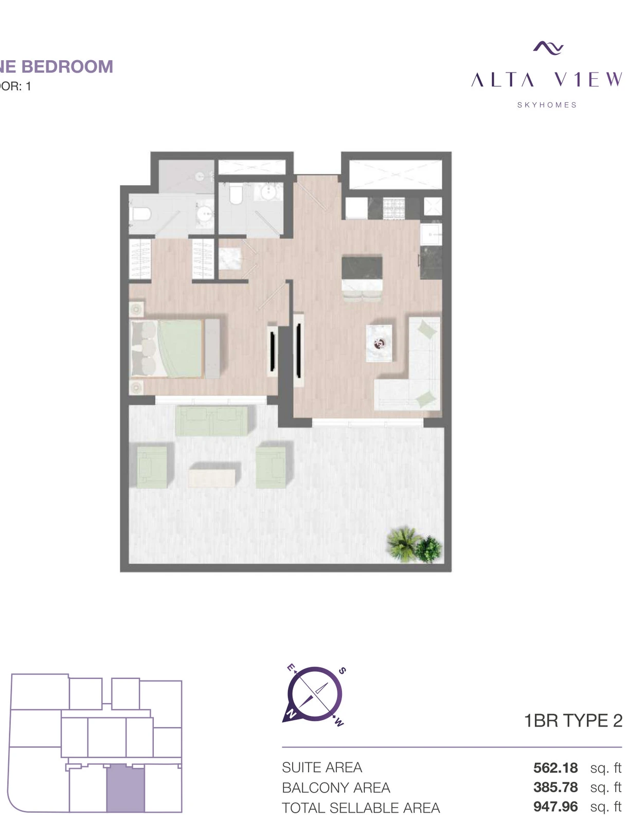 Floor plan for 1 Bedroom Type 2