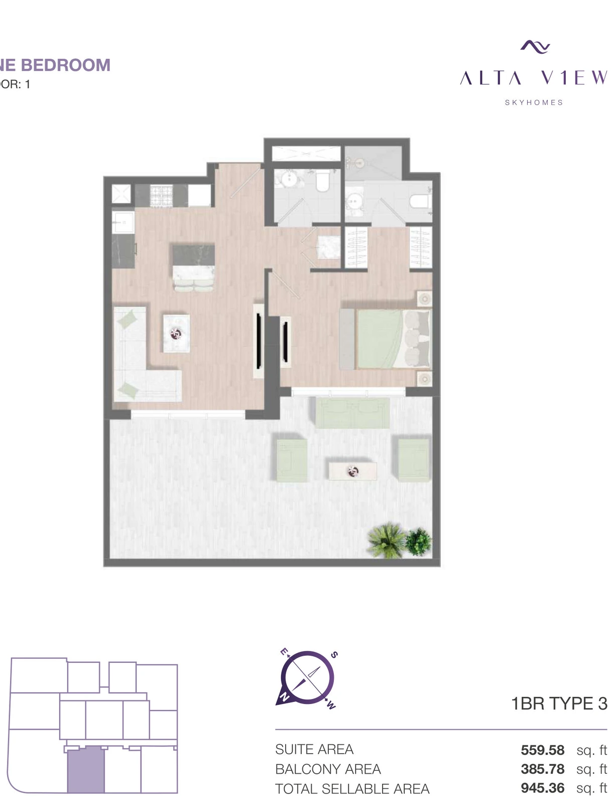 Floor plan for 1 Bedroom Type 3