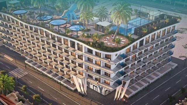 Aerial daytime view of Avana Residences with rooftop leisure spaces
