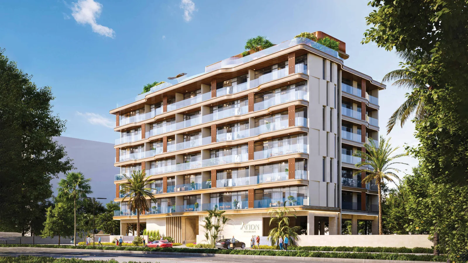 Daytime exterior of Avion Residence in Dubai South