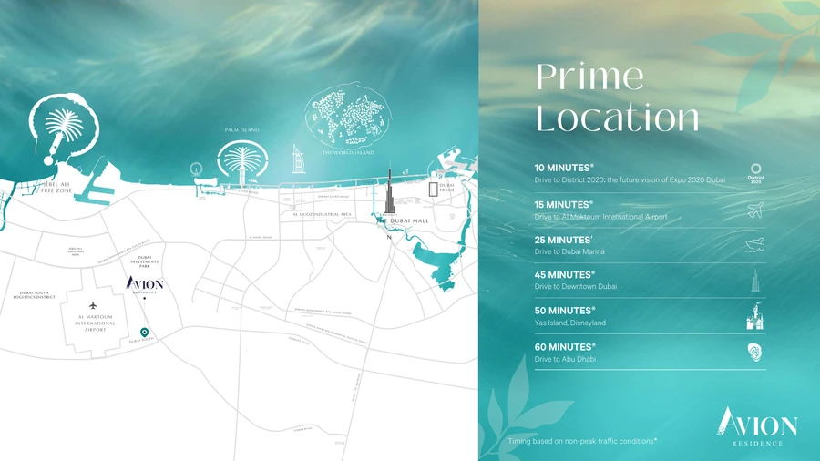 Avion Residence location map with travel times across Dubai and Abu Dhabi