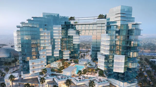 Aerial view of the Ice Beach towers and landscaped podium in Marjan Beach
