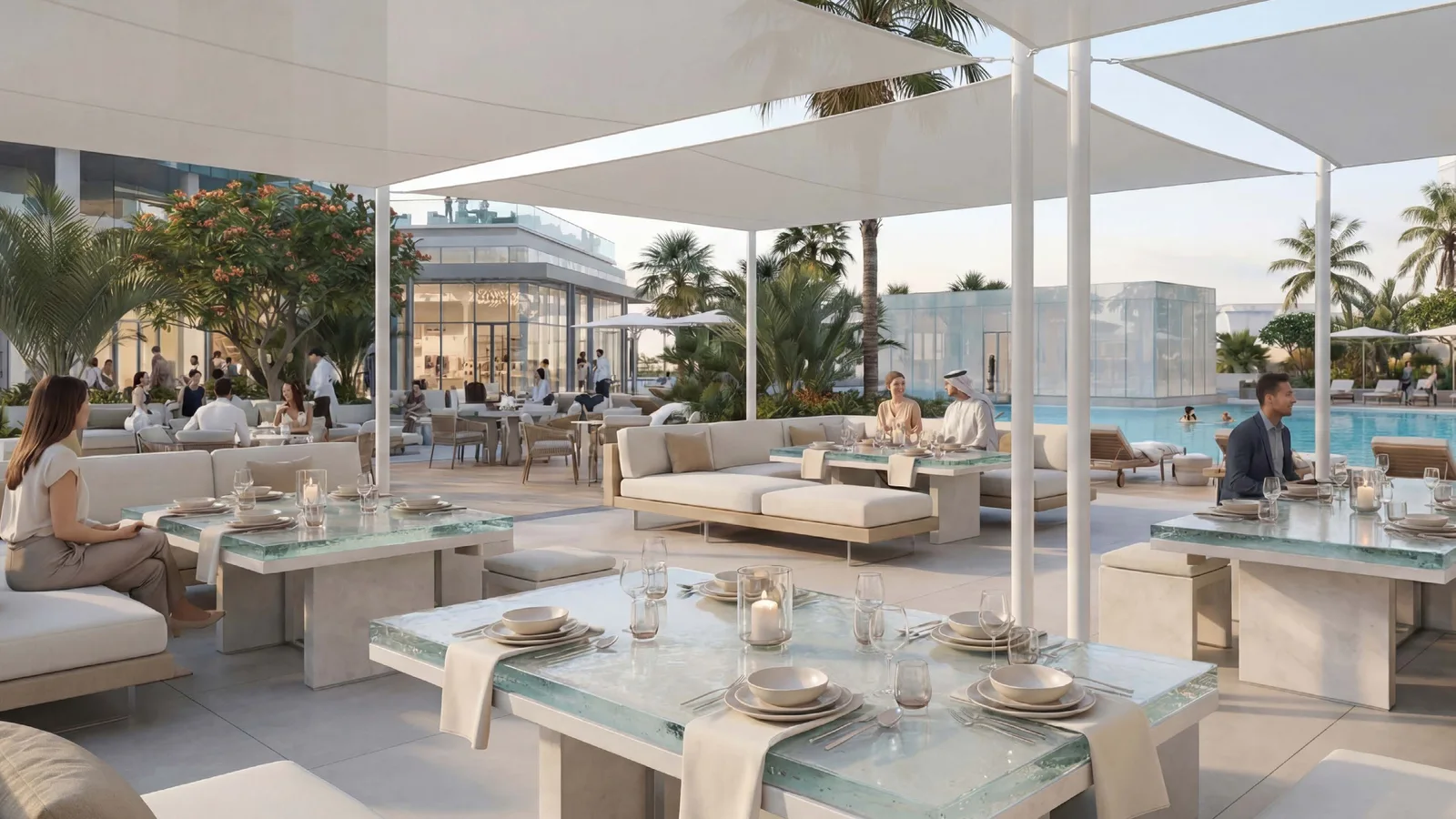 Shaded poolside dining terrace at Ice Beach