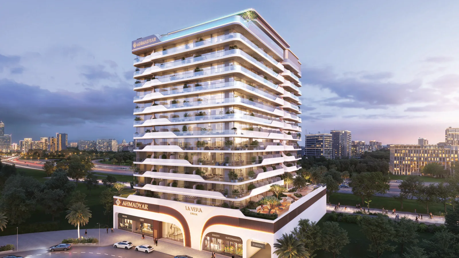La Vera Creek exterior in Nadd Al Hammar at blue hour