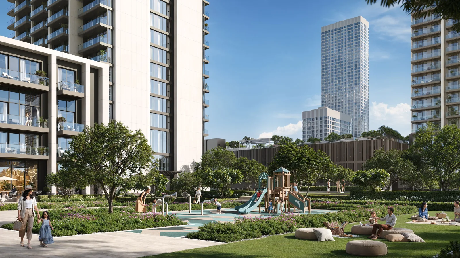 Landscaped pocket park and children's play area beside Valia