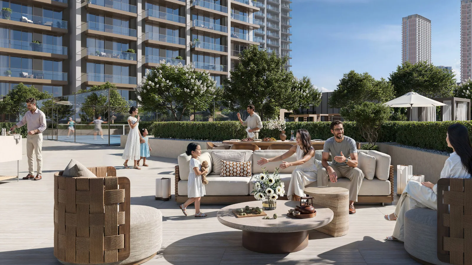 Residents' barbecue terrace and padel court at Valia