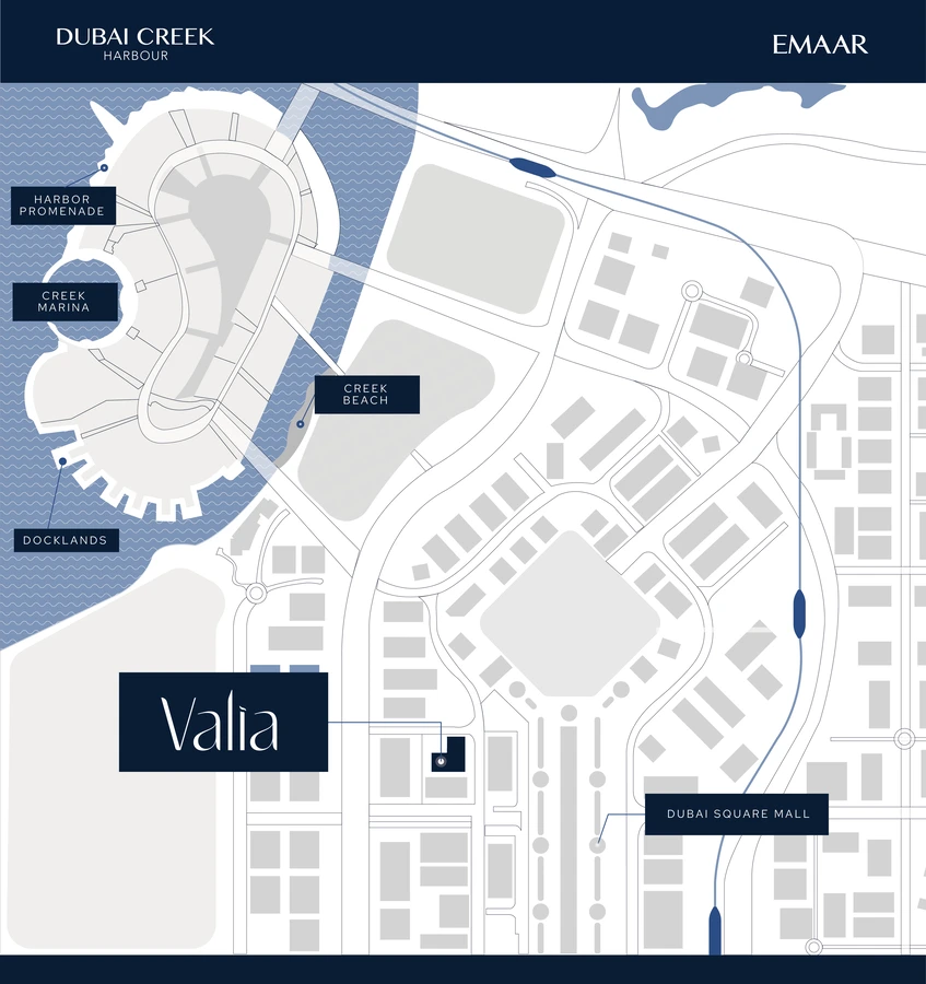 Valia location within Dubai Creek Harbour near Creek Beach and Dubai Square Mall