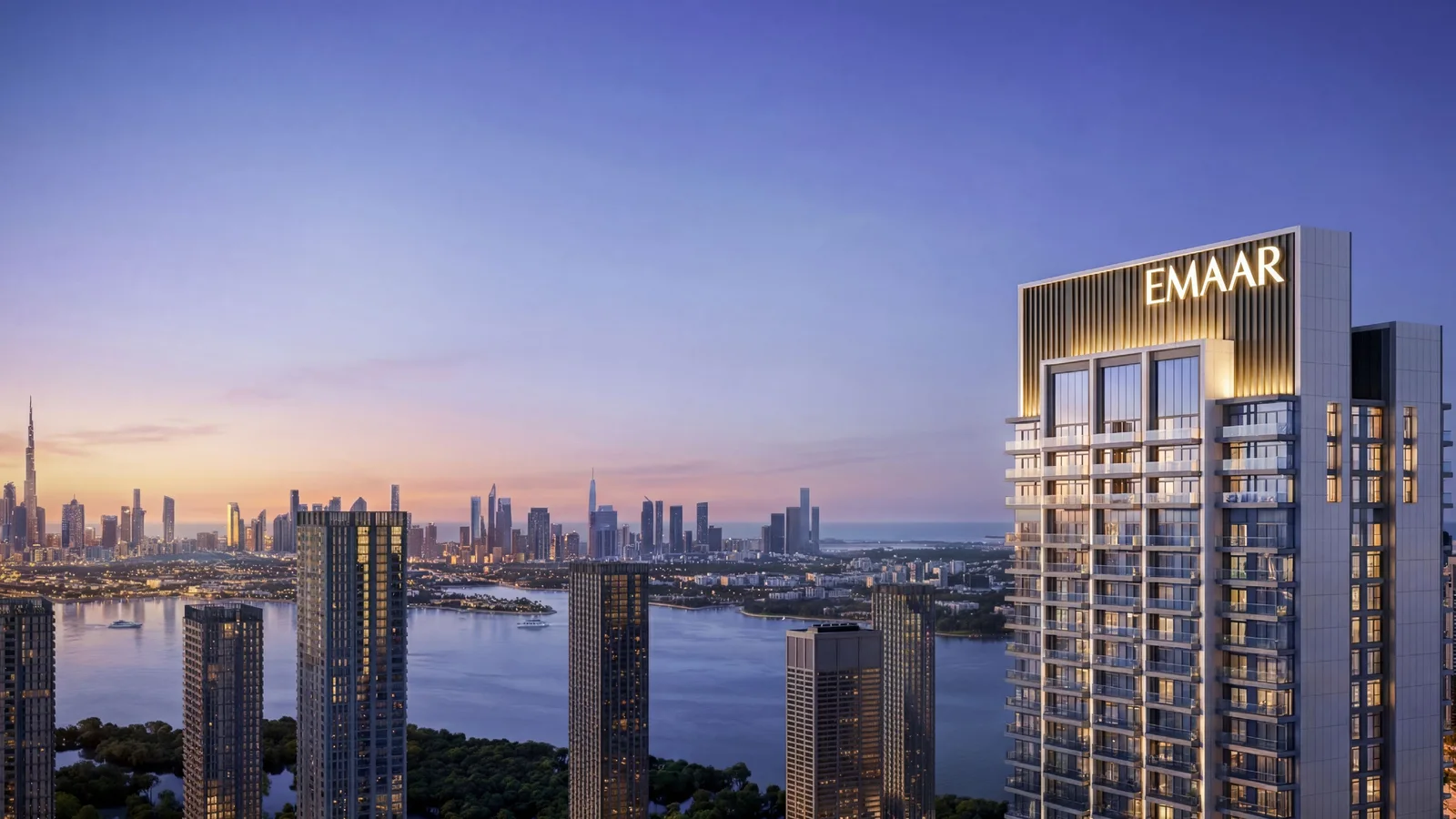 Valia tower at Dubai Creek Harbour with the Dubai skyline at dusk