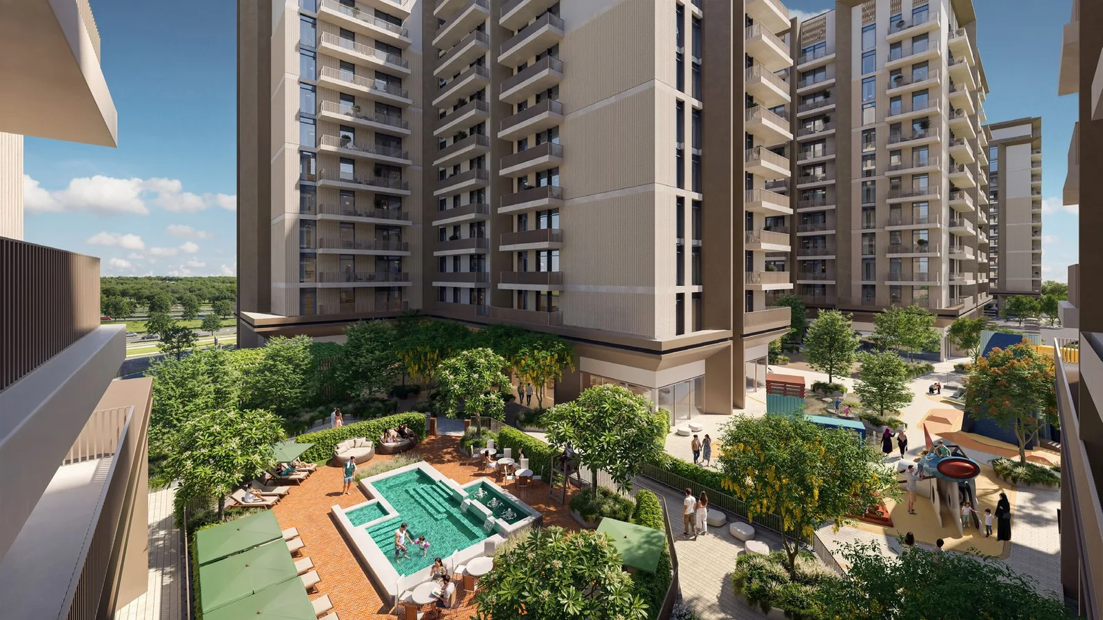 Swimming pool and landscaped courtyard between Roudah buildings