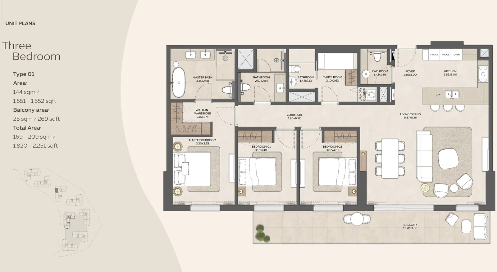 Floor plan for 3 Bedroom + Maid Type 01