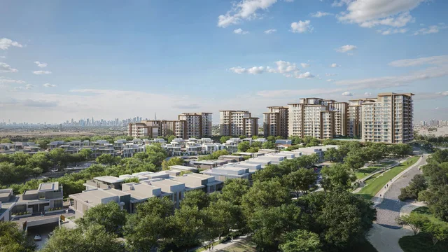 Roudah apartment buildings overlooking the landscaped Expo Valley community