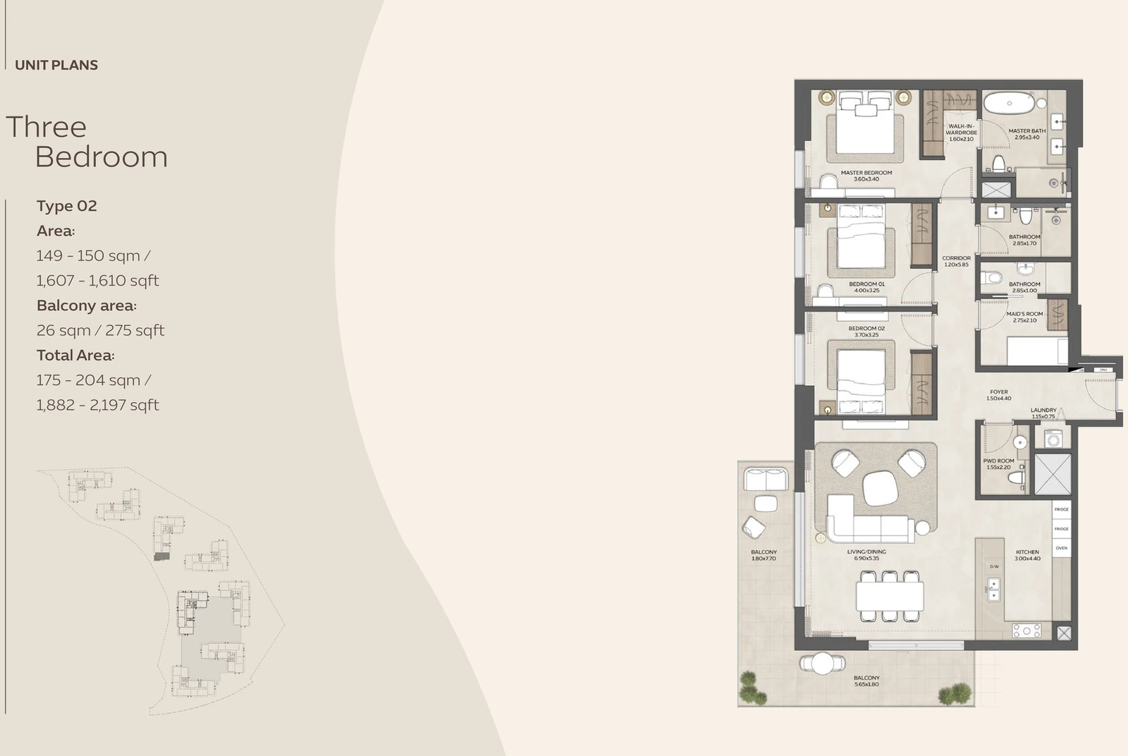 Floor plan for 3 Bedroom + Maid Type 02
