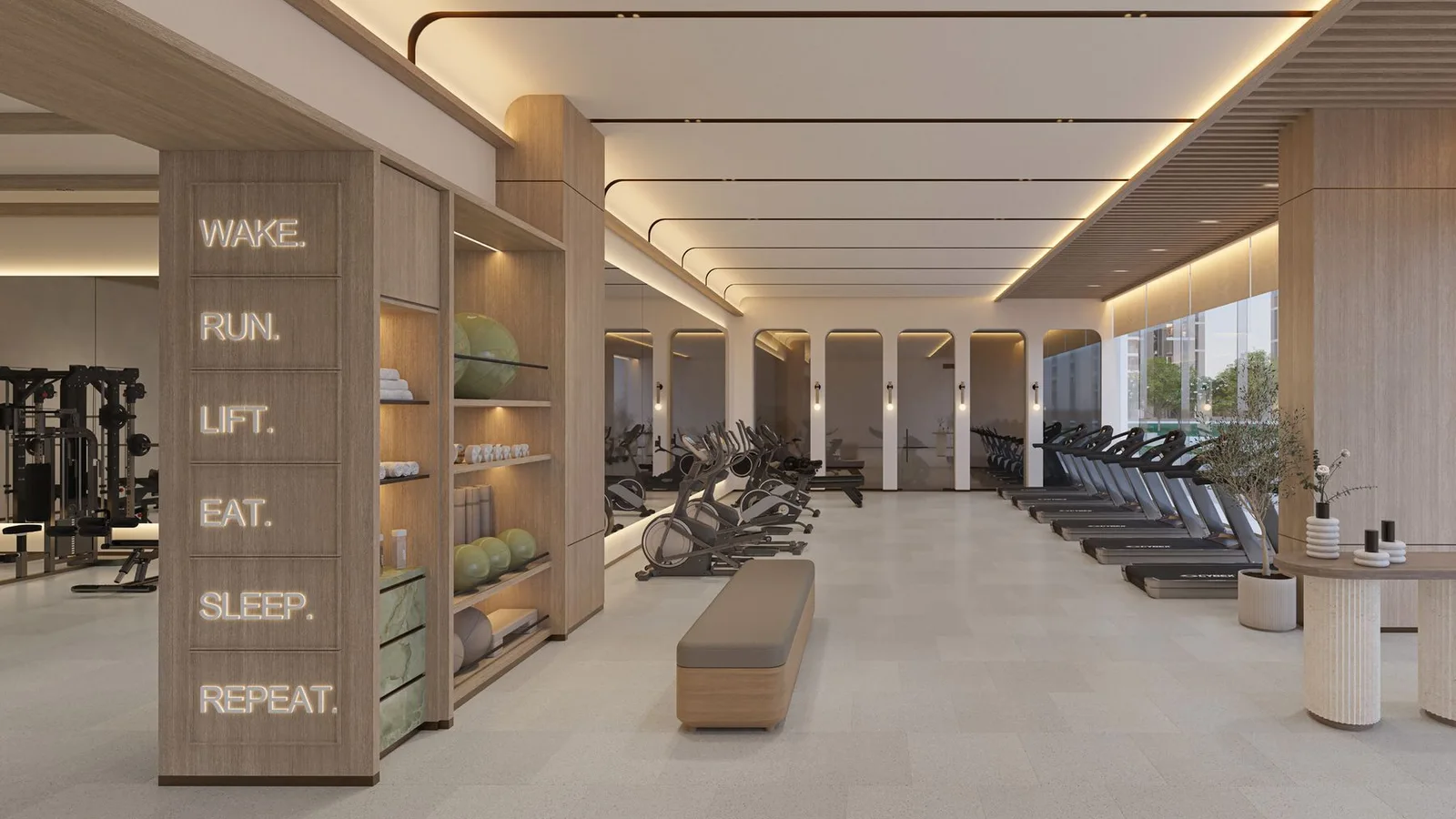 Residents' gym at Roudah with cardio and strength equipment
