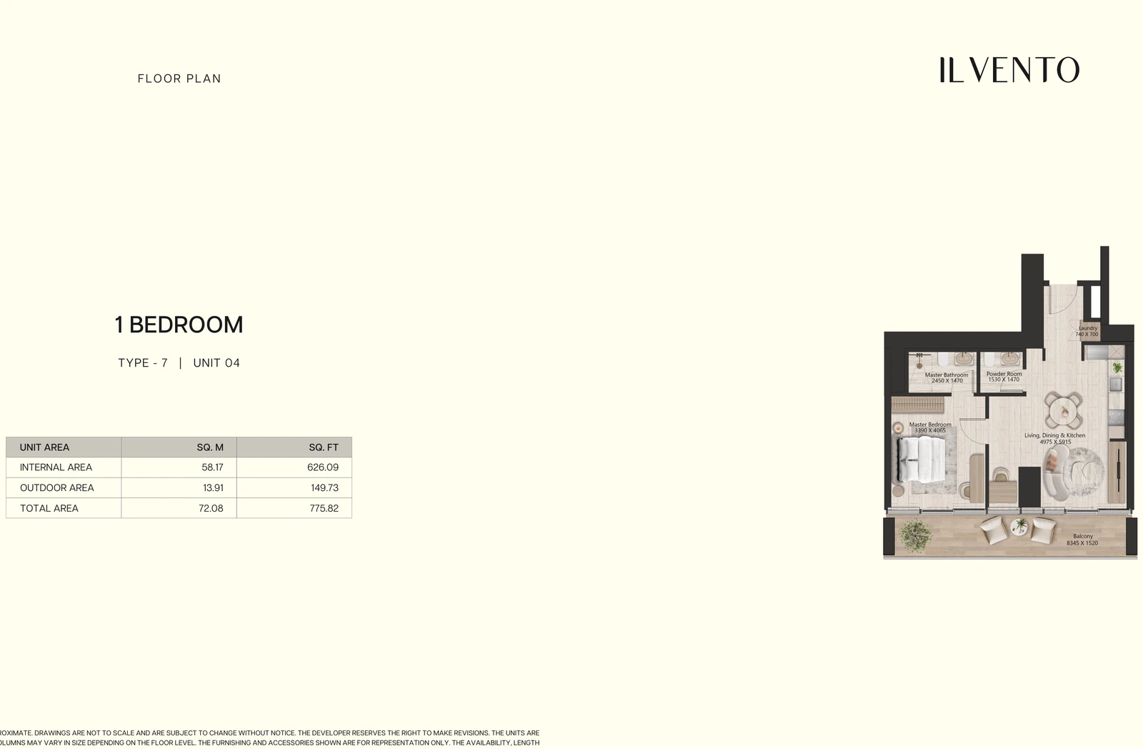 Floor plan for 1 Bedroom Type 7, Unit 04