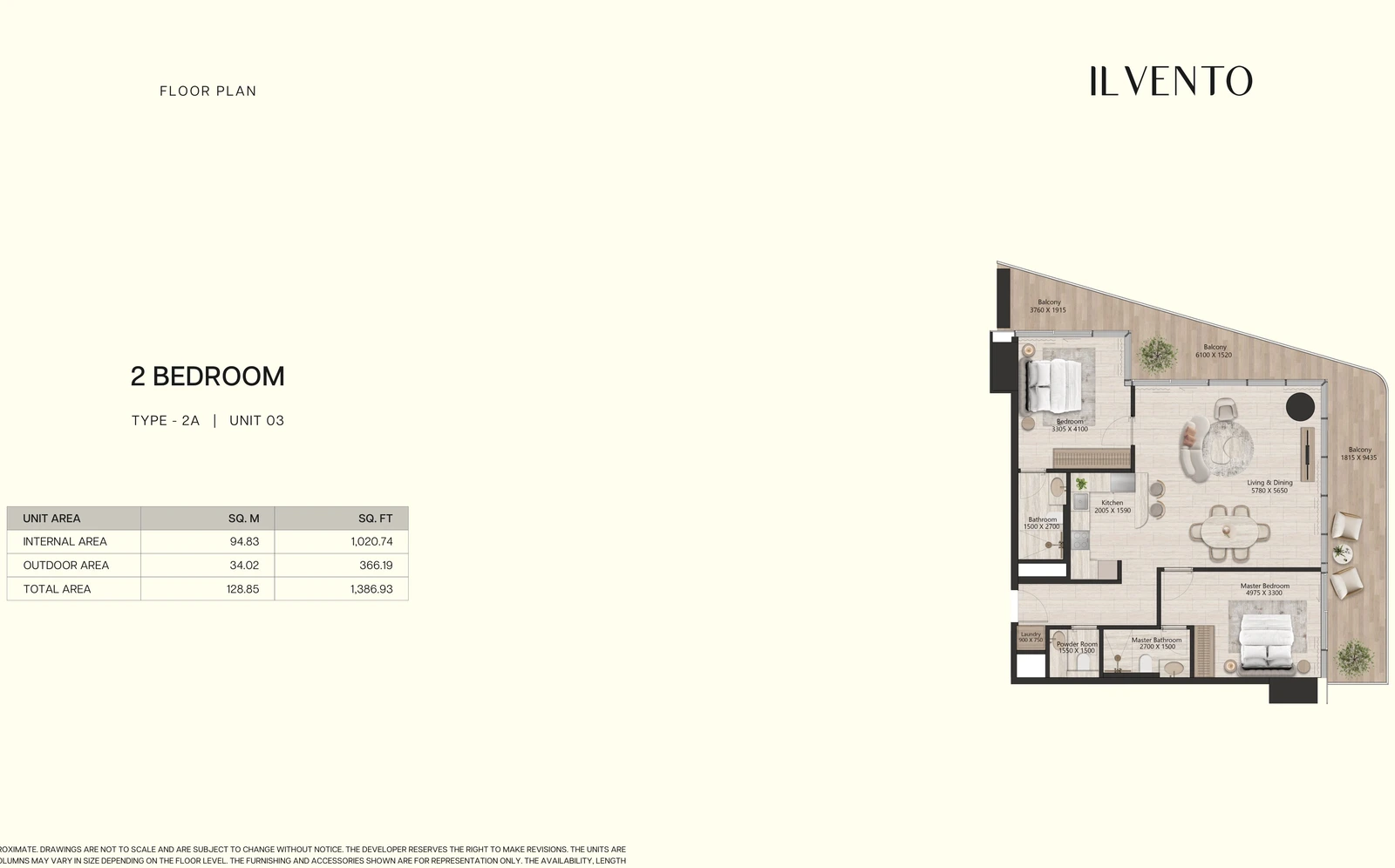 Floor plan for 2 Bedroom Type 2A, Unit 03