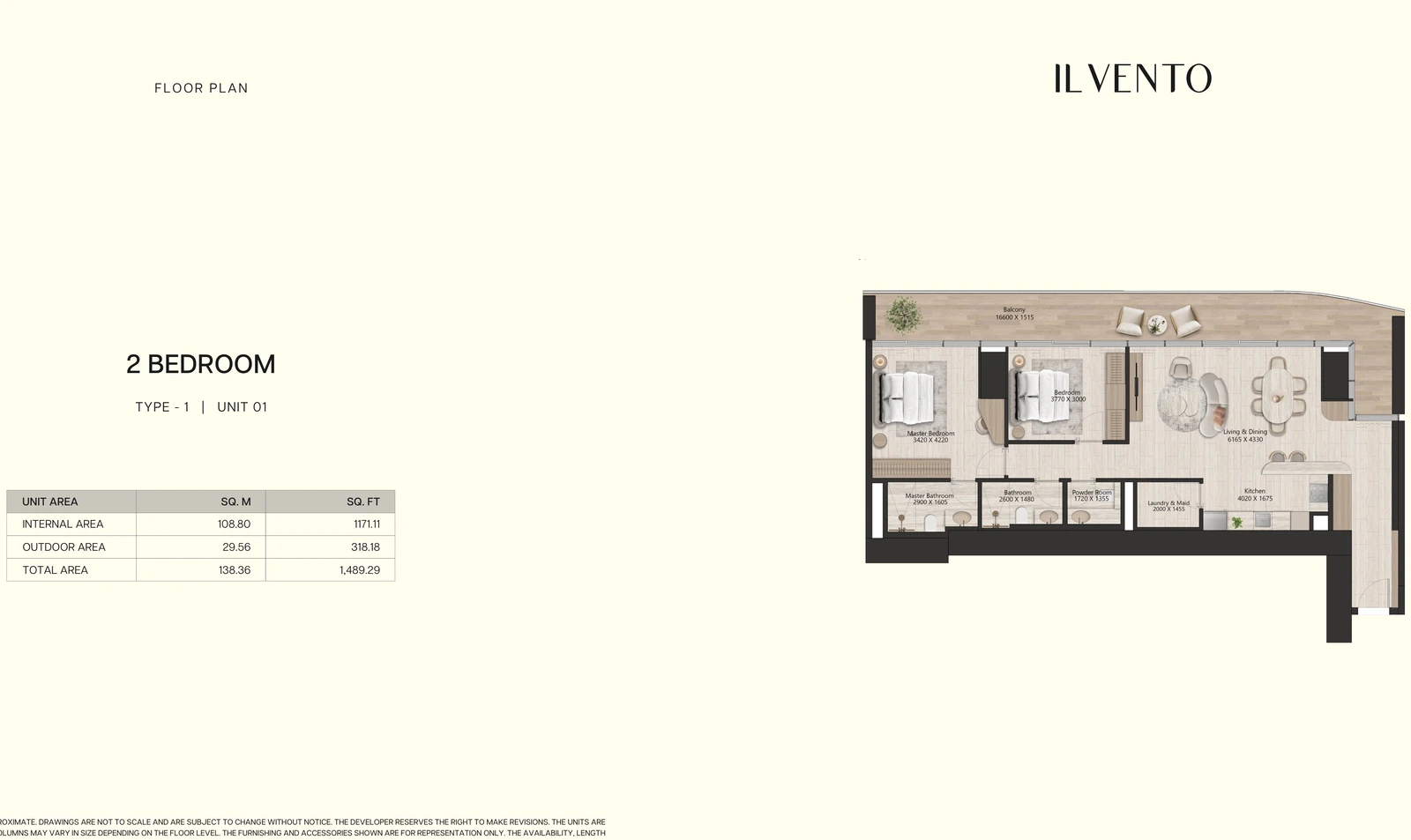 Floor plan for 2 Bedroom Type 1, Unit 01