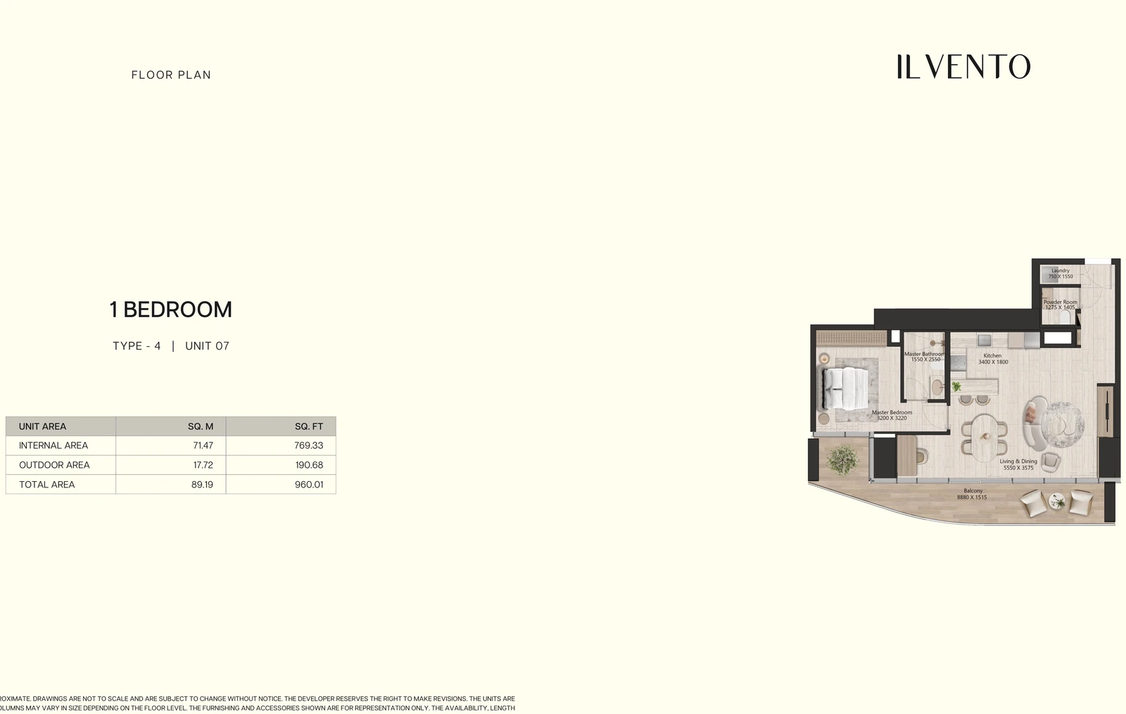 Floor plan for 1 Bedroom Type 4, Unit 07