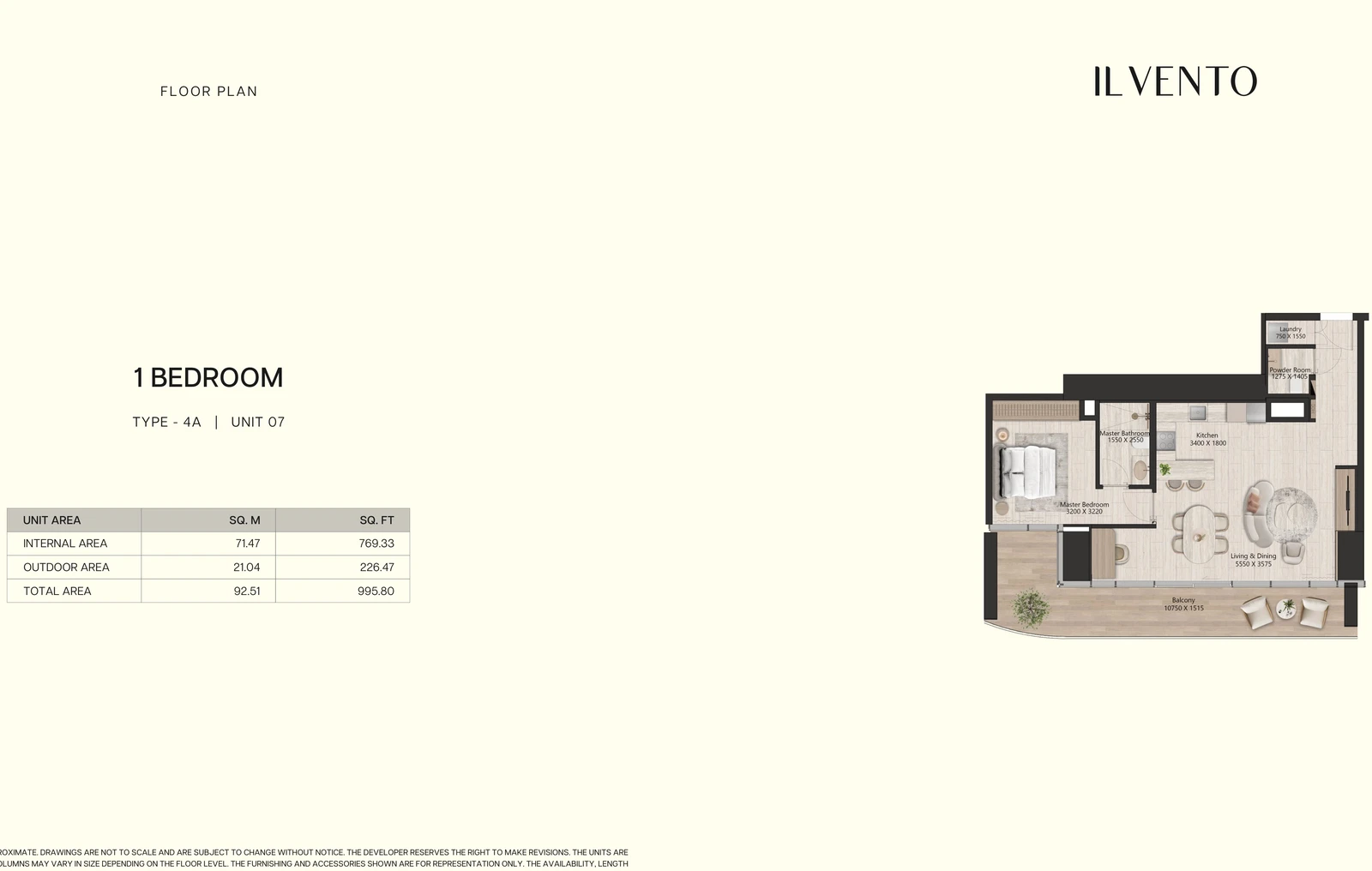 Floor plan for 1 Bedroom Type 4A, Unit 07