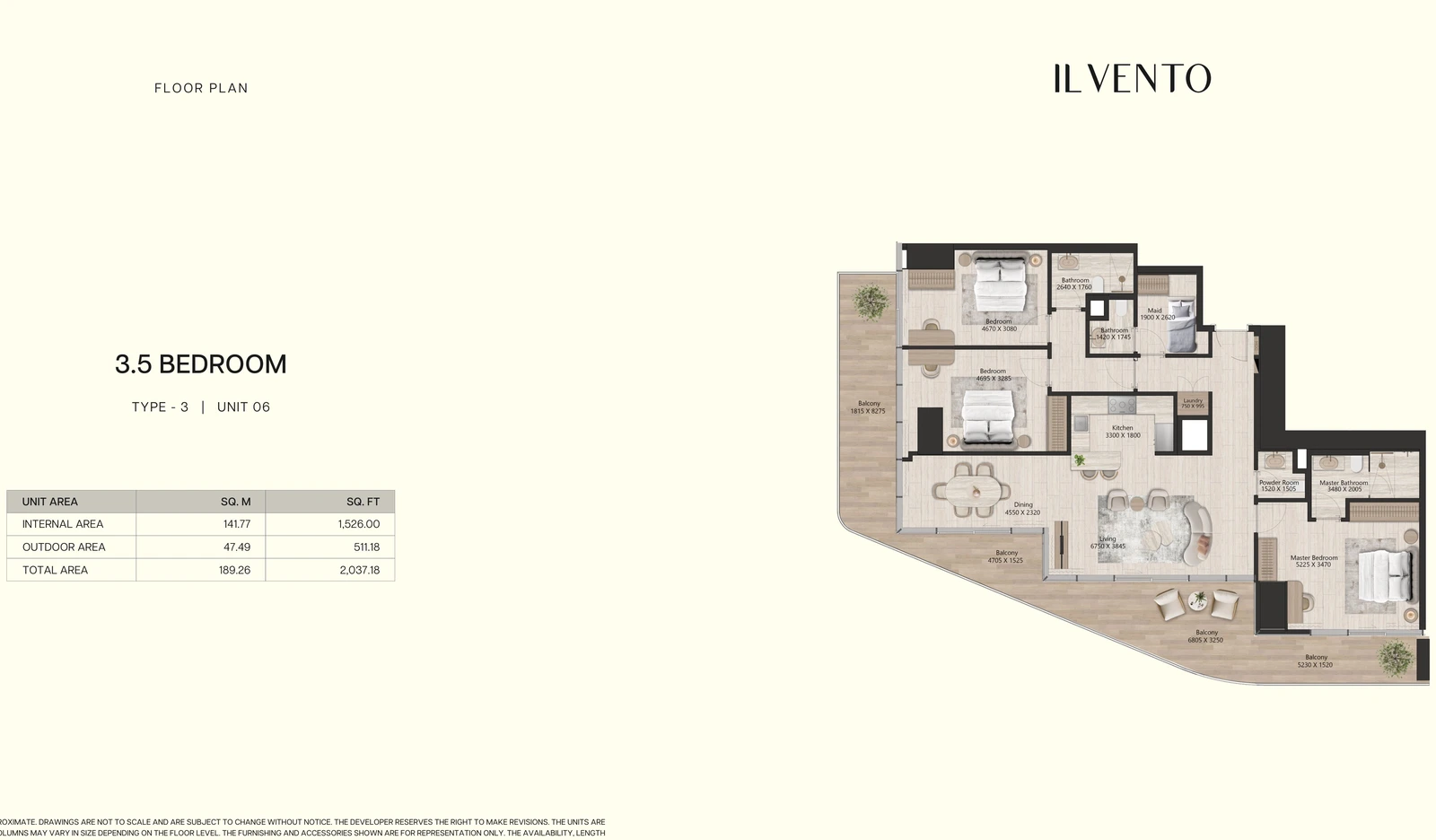Floor plan for 3 Bedroom + Maid Type 3, Unit 06