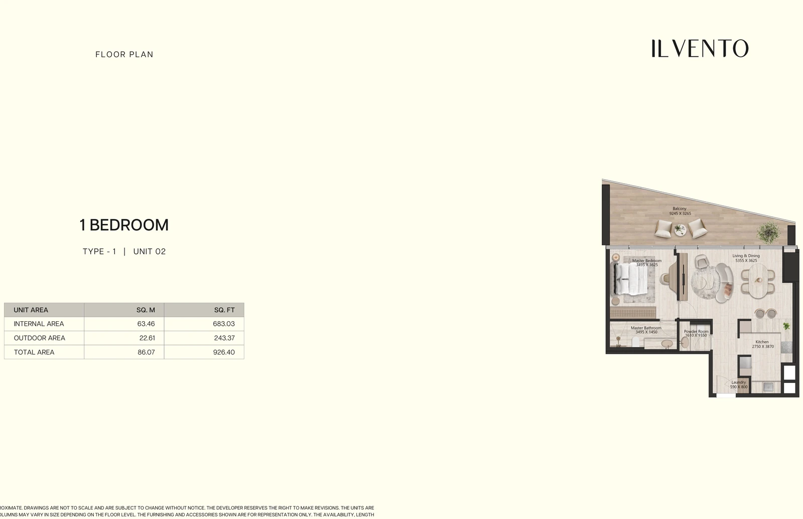 Floor plan for 1 Bedroom Type 1, Unit 02