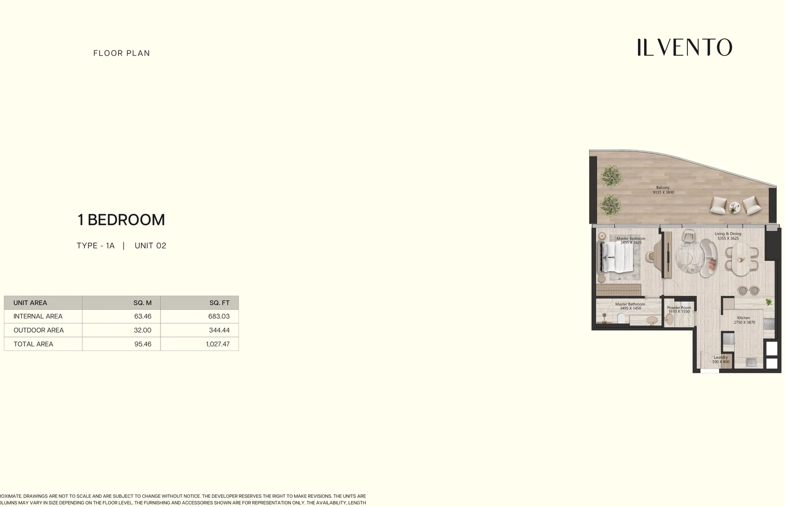 Floor plan for 1 Bedroom Type 1A, Unit 02