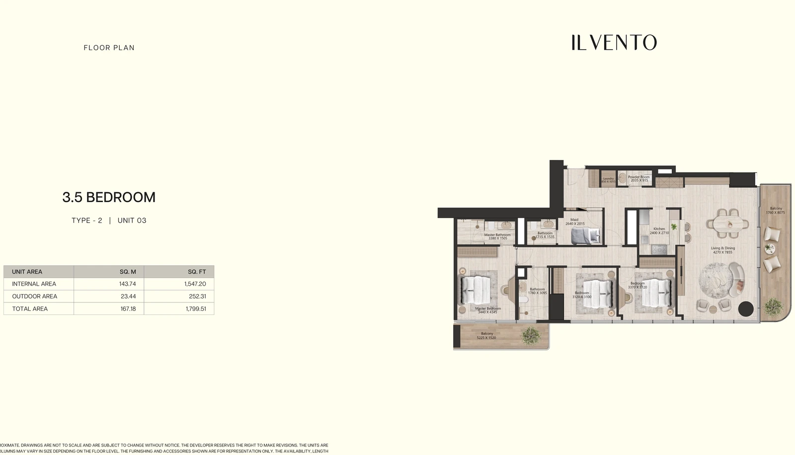 Floor plan for 3 Bedroom + Maid Type 2, Unit 03
