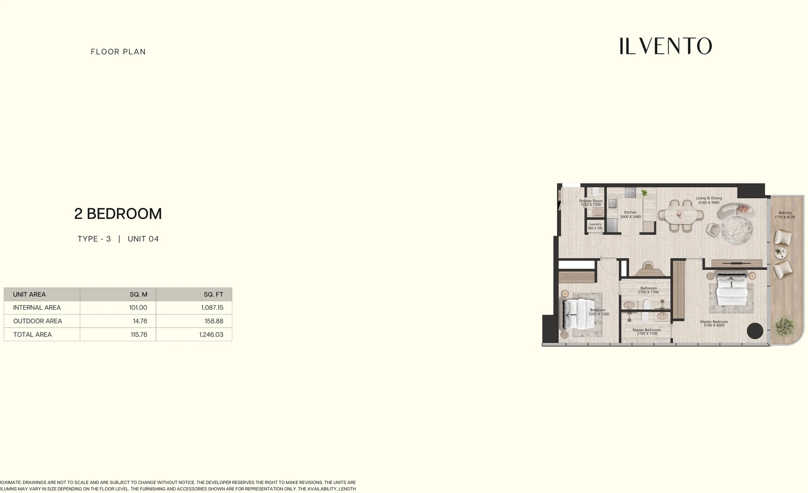 Floor plan for 2 Bedroom Type 3, Unit 04