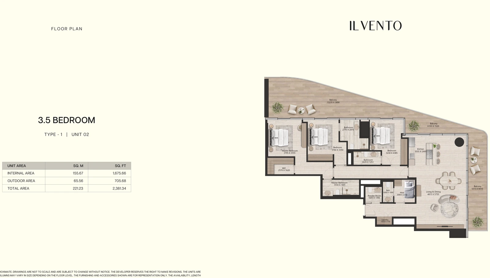 Floor plan for 3 Bedroom + Maid Type 1, Unit 02