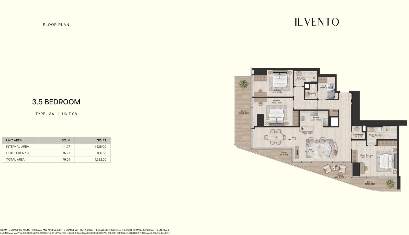 Floor plan for 3 Bedroom + Maid Type 3A, Unit 06