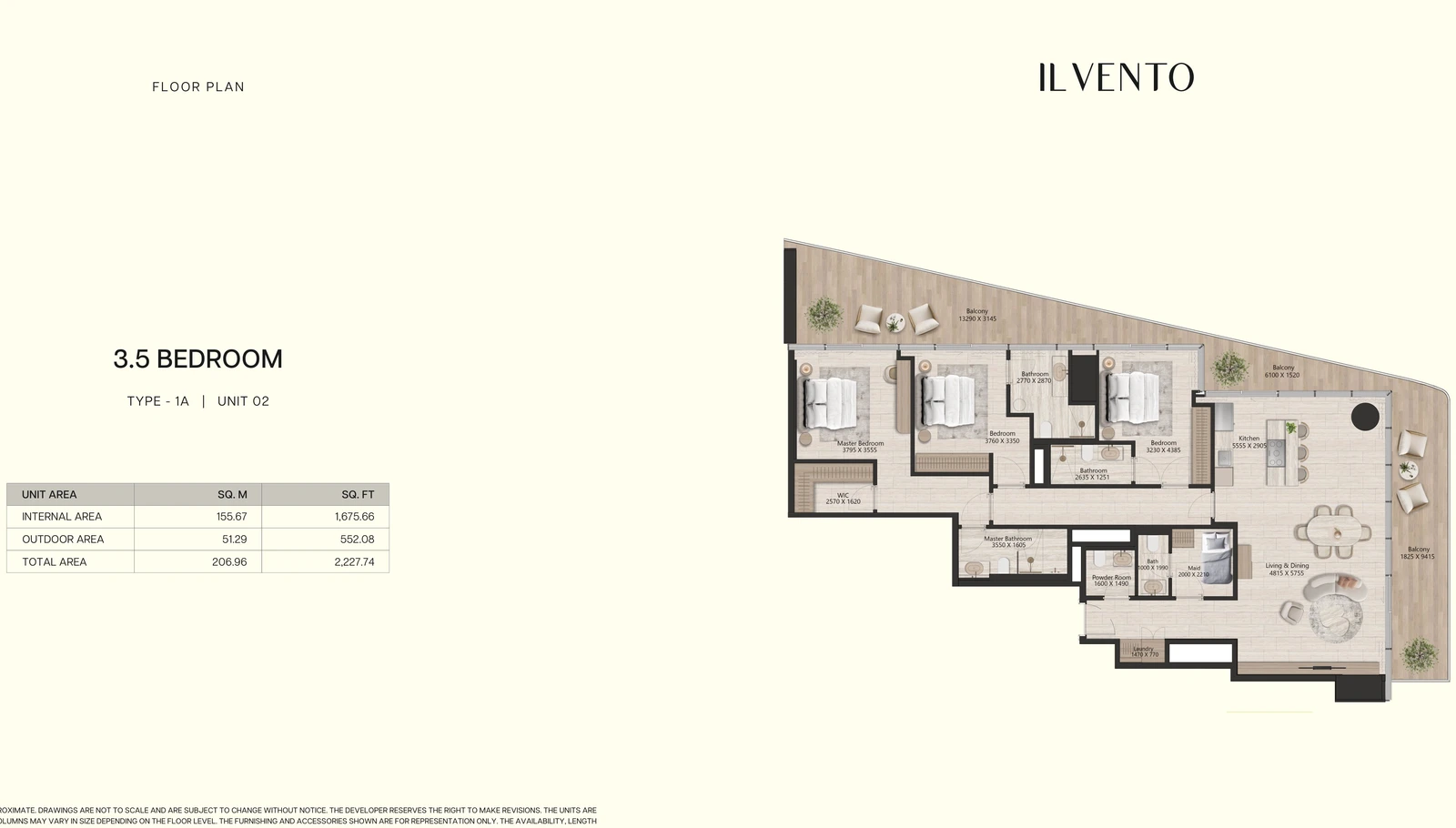 Floor plan for 3 Bedroom + Maid Type 1A, Unit 02