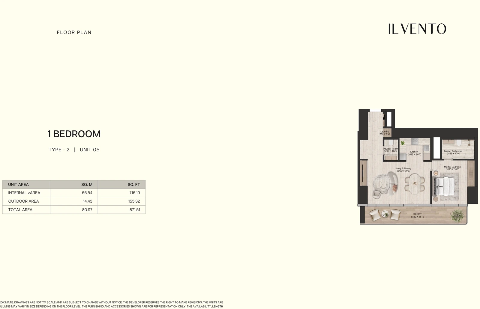 Floor plan for 1 Bedroom Type 2, Unit 05