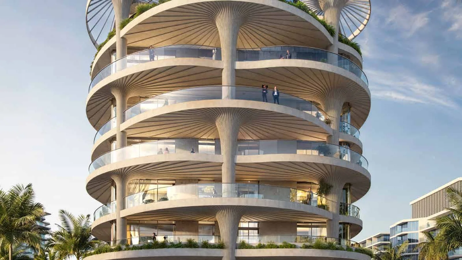 Rounded corner elevation and landscaped public realm at Mamsha Palm