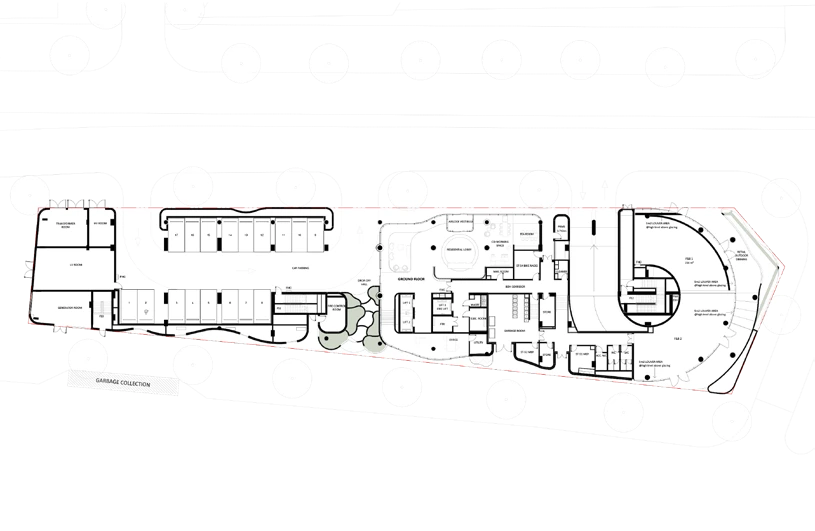 Mamsha Palm ground-floor site plan showing the building footprint, arrival and surrounding street edge
