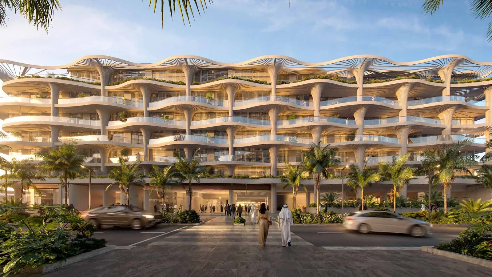 Main facade and arrival approach at Mamsha Palm