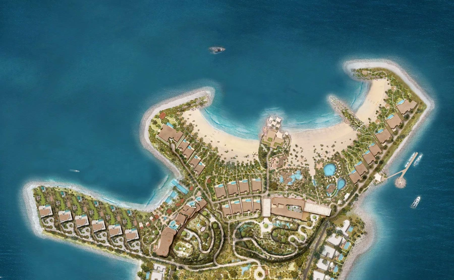 Jumeirah Asora Bay master plan showing the residences, Ocean Mansions, hotel, beach and landscaped peninsula