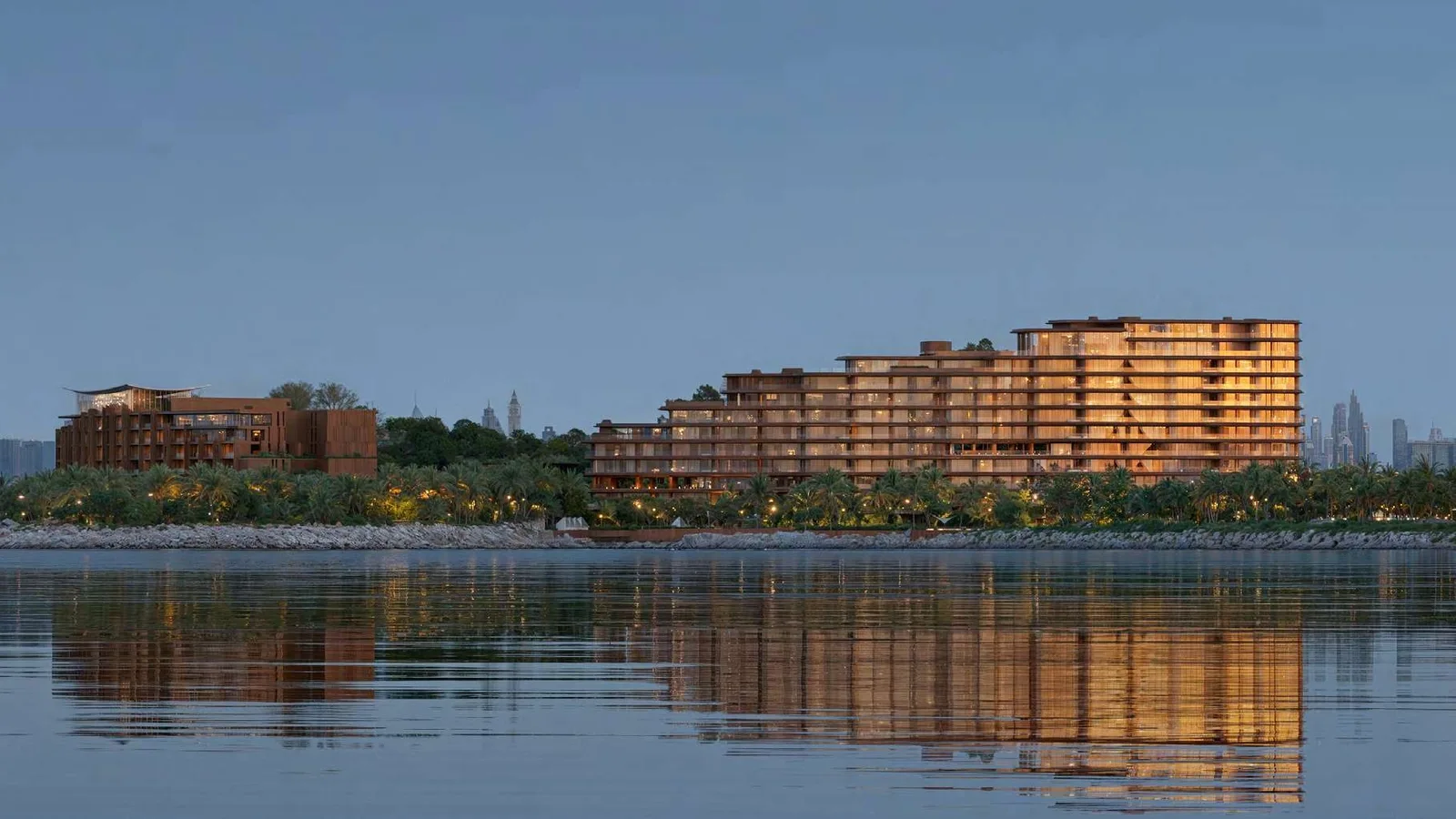 Panoramic waterfront view of Jumeirah Asora Bay and the Dubai skyline