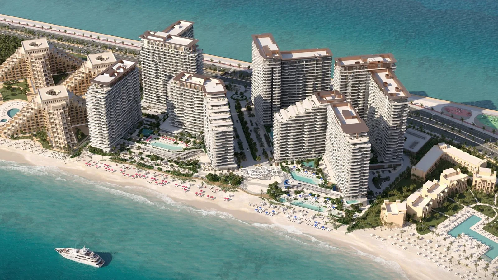 Aerial view of Nikki Beach Residences and the Al Marjan Island beachfront