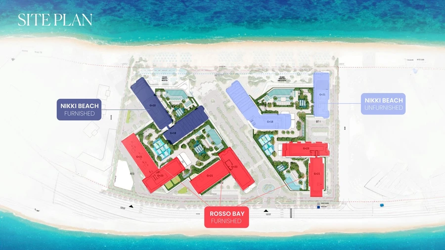 Nikki Beach Residences site plan showing furnished and unfurnished buildings on Al Marjan Island