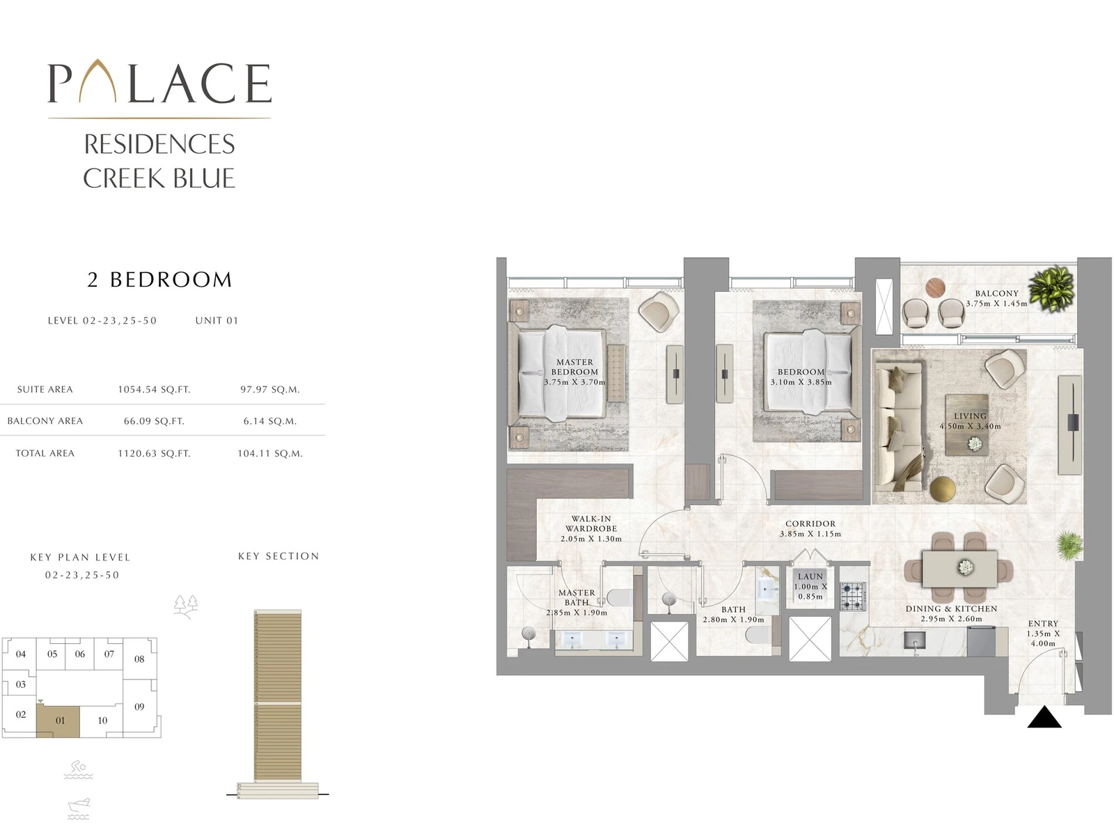 Floor plan for 2 Bedroom - Levels 02-23, 25-50 - Unit 01