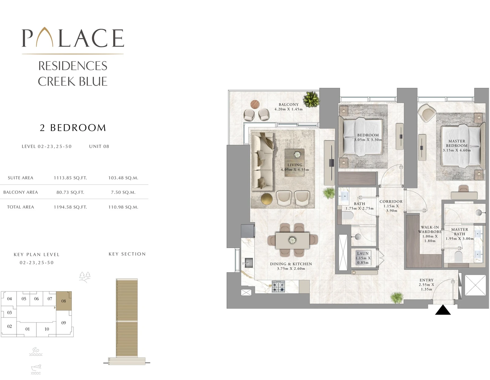 Floor plan for 2 Bedroom - Levels 02-23, 25-50 - Unit 08