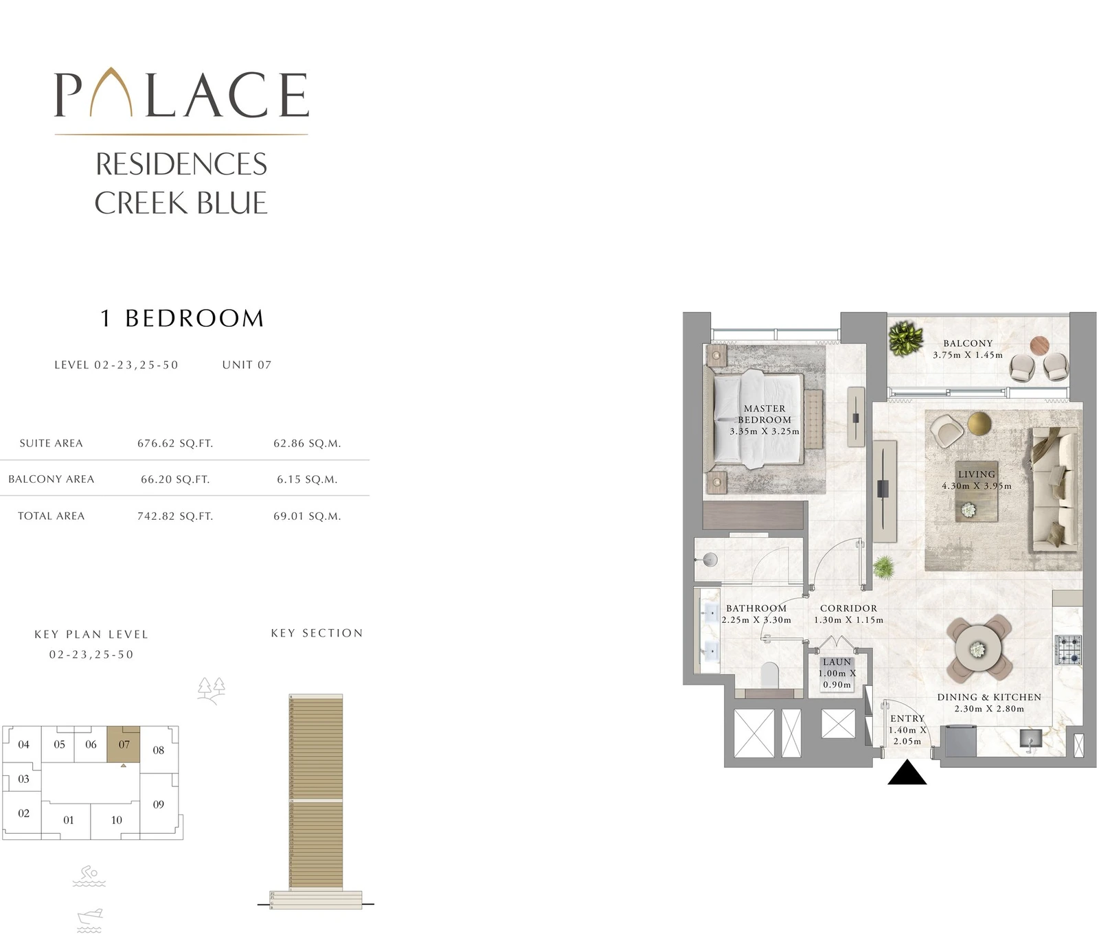 Floor plan for 1 Bedroom - Levels 02-23, 25-50 - Unit 07