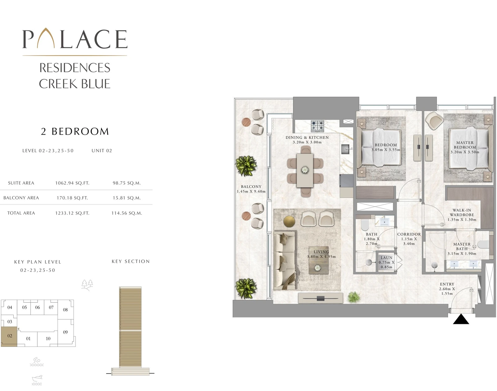 Floor plan for 2 Bedroom - Levels 02-23, 25-50 - Unit 02