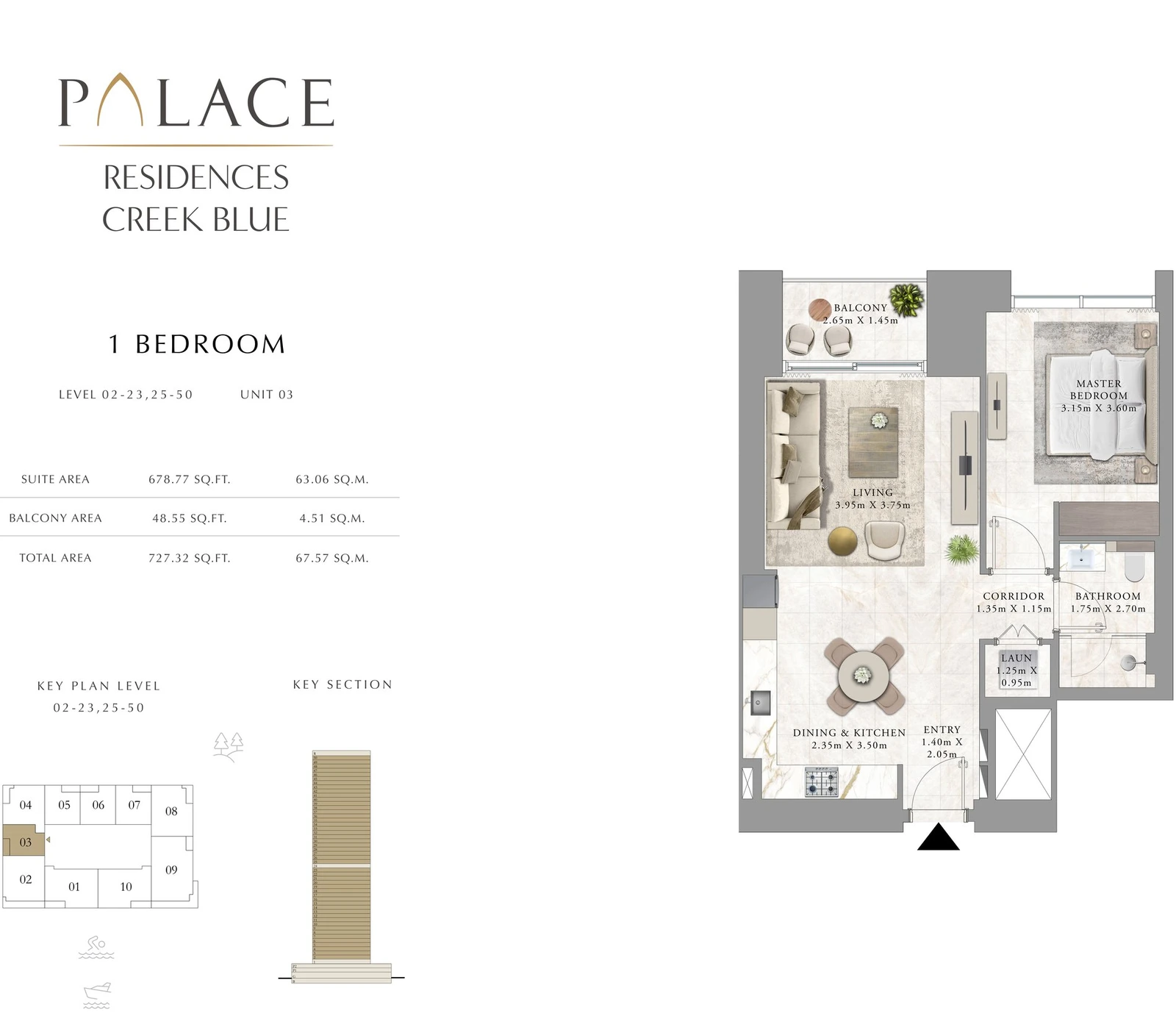 Floor plan for 1 Bedroom - Levels 02-23, 25-50 - Unit 03