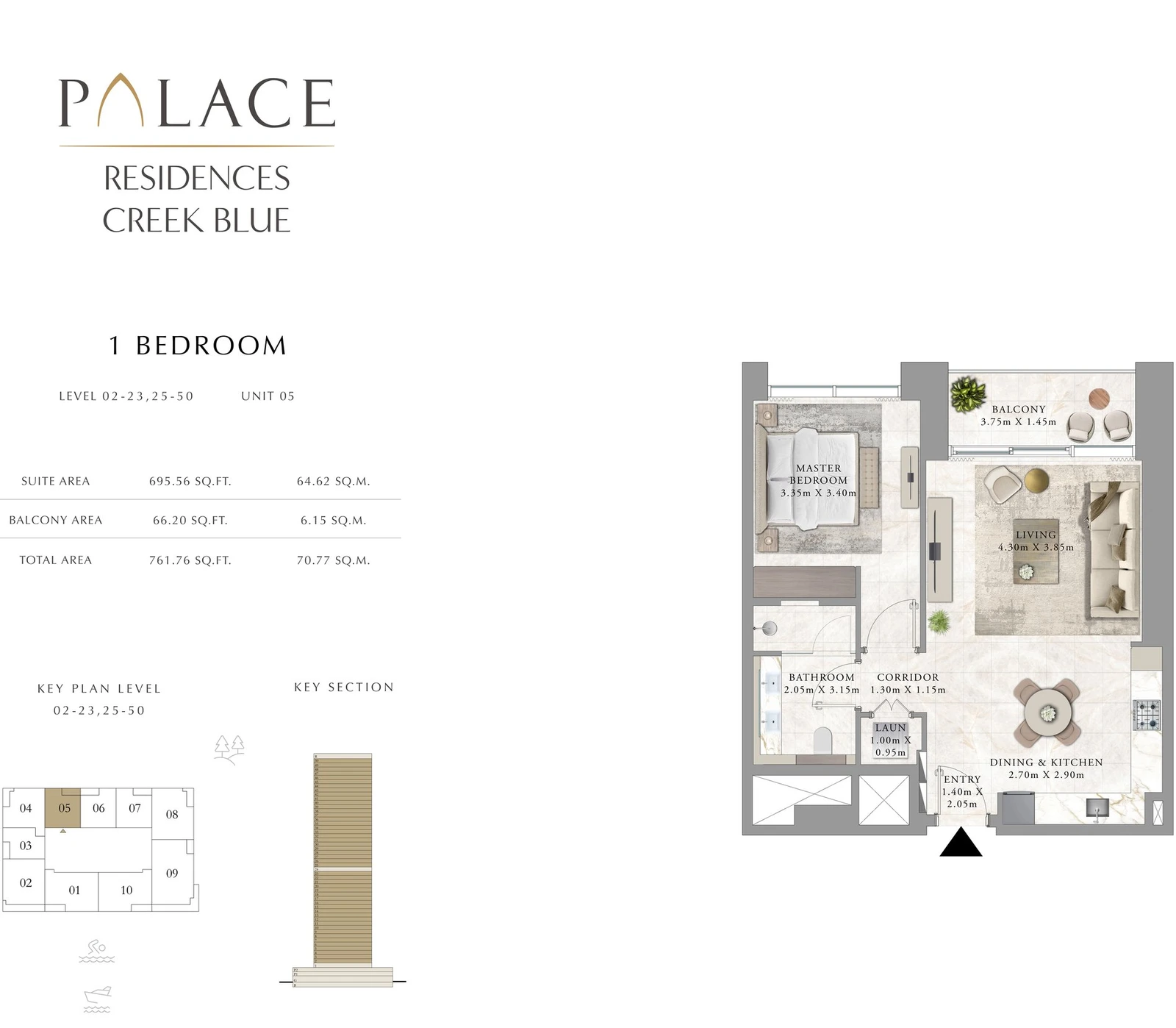 Floor plan for 1 Bedroom - Levels 02-23, 25-50 - Unit 05
