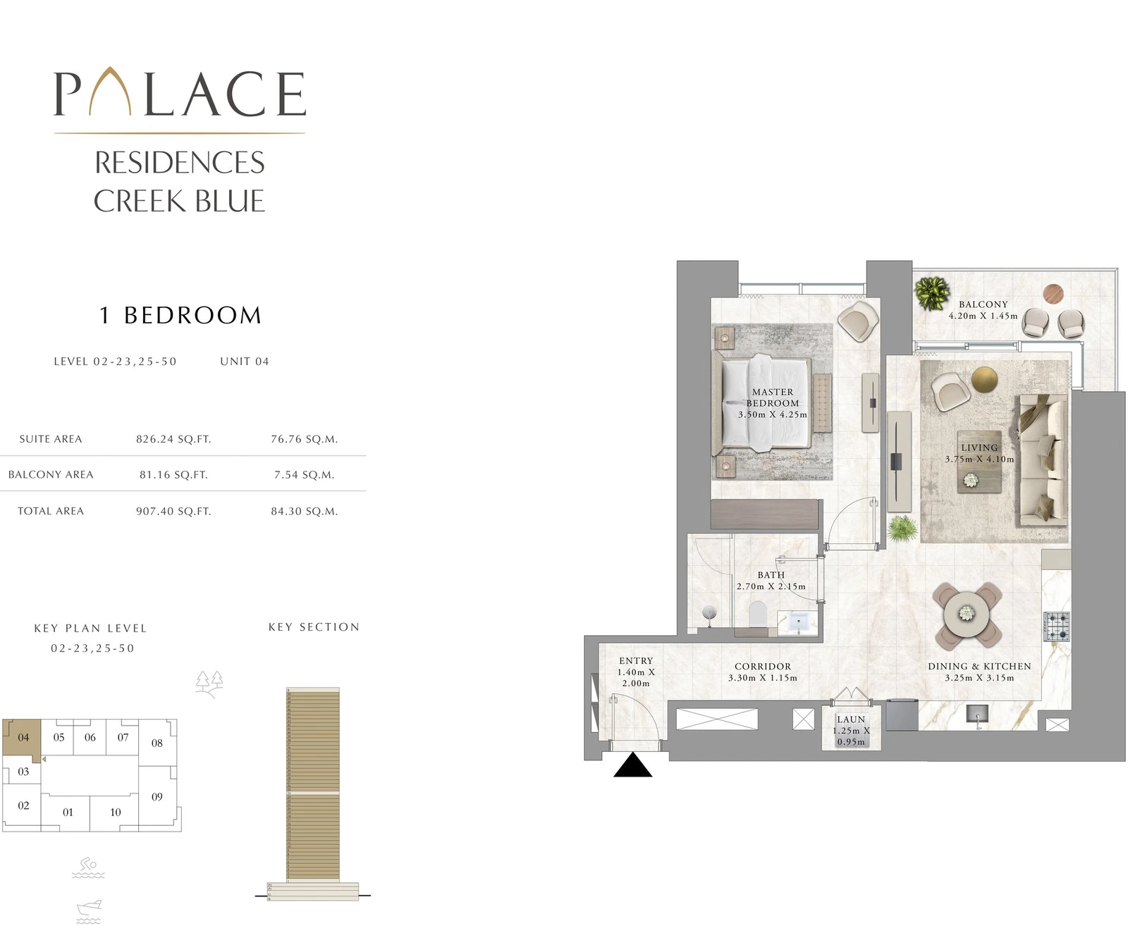 Floor plan for 1 Bedroom - Levels 02-23, 25-50 - Unit 04