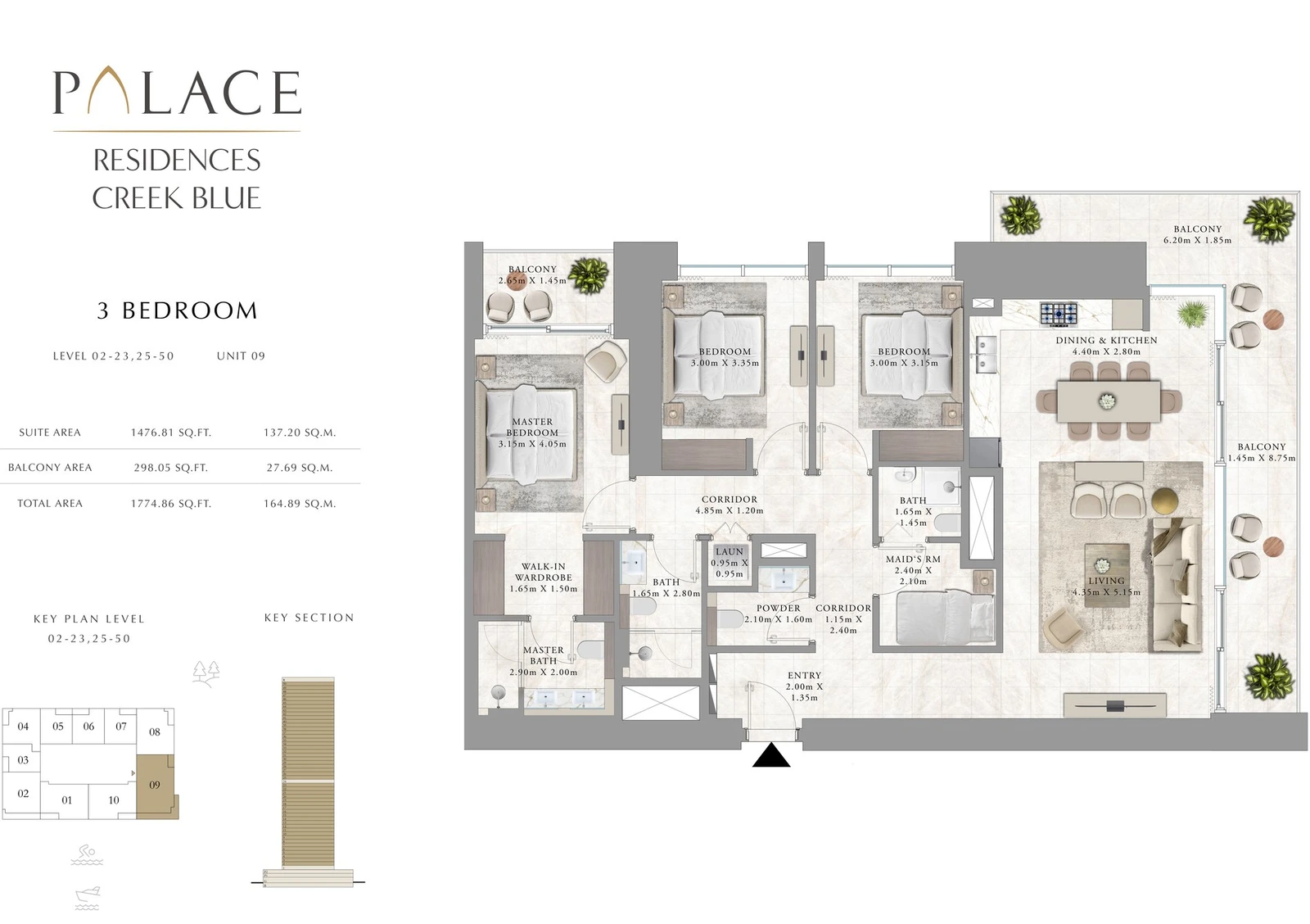 Floor plan for 3 Bedroom + Maid - Levels 02-23, 25-50 - Unit 09